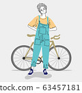 Woman standing outdoors in a city with her bike.Doodle art concept,illustration painting 63457181