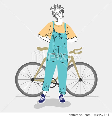 Woman standing outdoors in a city with her bike.Doodle art concept,illustration painting 63457181