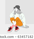 Women dressed in street fashion were sitting in one of the city walls.Illustration of a girl sitting on a wall. 63457182