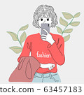 Illustration of a woman taking a selfie in the bathroom mirror.Doodle art concept,illustration painting 63457183