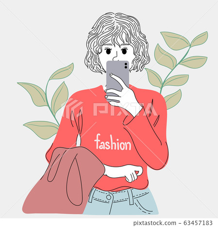Illustration of a woman taking a selfie in the bathroom mirror.Doodle art concept,illustration painting 63457183