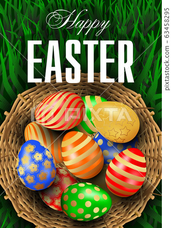 Realistic Happy Easter greeting card, flyer, poster or banner vector template with multicolored 3D eggs in round wicker basket with hay on green grass background Realistic Happy Easter greeting card, flyer, poster or banner vector template with multicolored 3D eggs in round wicker basket with hay on green grass background 63458295
