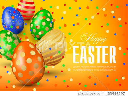 Elegant Happy Easter greeting card, flyer, poster or banner vector template with multicolored realistic 3D eggs and confetti on yellow orange background Elegant Happy Easter greeting card, flyer, poster or banner vector template with multicolored realistic 3D eggs and confetti on yellow orange background 63458297