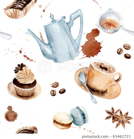 Watercolor Drawing Coffee Set Seamless Stock Illustration