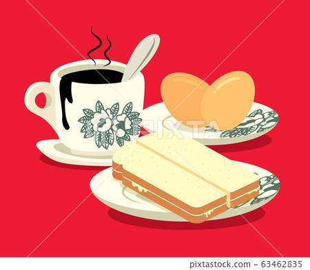 Breakfast set. Traditional oriental style coffee, half boiled eggs and kaya butter toast set on red colour background. Vintage Nanyang style coffee cup and plate. Translation: Coconut jam- flat art 63462835