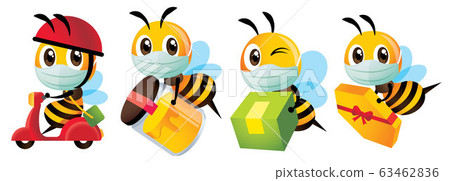 Cartoon cute bee wearing protective surgical mask for delivery to protect against disease and bacteria - Vector character mascot set 63462836
