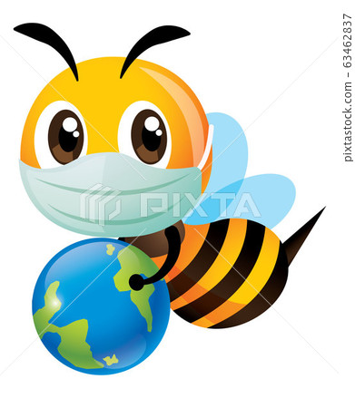 Save the bee and earth. Cartoon cute bee wearing surgical mask and carrying a little earth. To educate human to protect the green environment against pollution. - vector character Save the bee and earth. Cartoon cute bee wearing surgical mask and carrying a little earth. To educate human to protect the green environment against pollution. - vector character 63462837