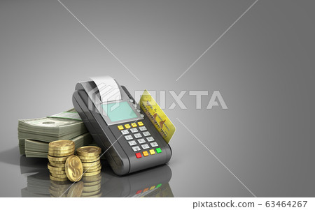 Card terminal on stacks of dollar bills with a 63464267