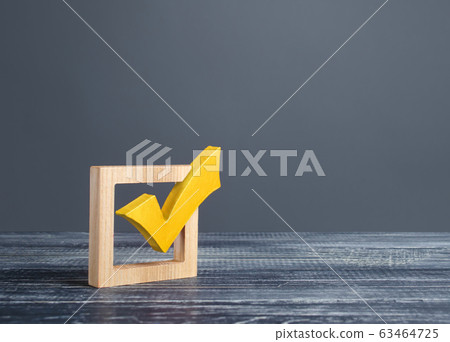 Yellow voting tick in a checkbox. Democratic institutions, vote on democratic elections, referendum. Opinion Poll. Make right choice. Confirmation, passing the test. Verification. Law implementation Yellow voting tick in a checkbox. Democratic institutions, vote on democratic elections, referendum. Opinion Poll. Make right choice. Confirmation, passing the test. Verification. Law implementation 63464725
