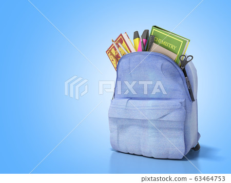 Blue backpack with school supplies 3d render on Blue backpack with school supplies 3d render on 63464753