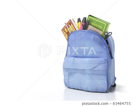 Blue backpack with school supplies 3d render on 63464755