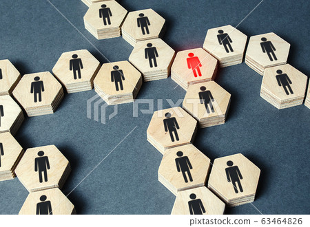 Red human figure in a network. Leader and leadership skills. Threat of virus infection. Teamwork of a talented professional worker. Weak link, toxic worker. Untrustworthy. Cooperation, collaboration 63464826