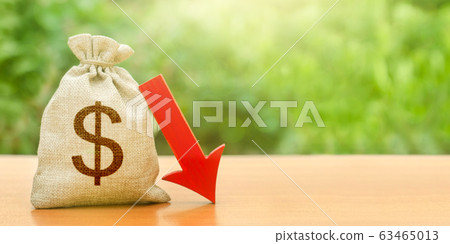 Dollar money bag and red arrow down. Economic decline. Depreciation of national currency. Devaluation. Crisis and economic shock. Discount rate reduction. Deterioration of economy growth forecast. Dollar money bag and red arrow down. Economic decline. Depreciation of national currency. Devaluation. Crisis and economic shock. Discount rate reduction. Deterioration of economy growth forecast. 63465013