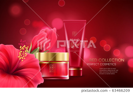 Cosmetics products with luxury collection composition on red blurred bokeh background with hibiscus flower. Vector illustration 63466209