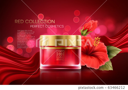 Cosmetics products with luxury collection composition on red blurred bokeh background with hibiscus flower. Vector illustration 63466212