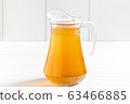 Glass jar of apple fruit drink on wooden table 63466885
