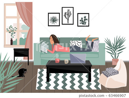 Happy young woman lying on the sofa and reading a book. I stay at home social media campaign for coronavirus prevention. Vector illustration 63466907