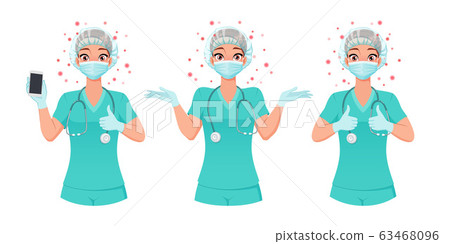Nurse in mask, cap and gloves shows smartphone screen, thumbs up, shrugs. Protection from coronavirus. Vector set. Nurse in mask, cap and gloves shows smartphone screen, thumbs up, shrugs. Protection from coronavirus. Vector set. 63468096