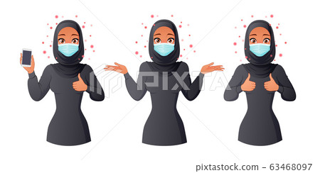 Muslim woman in mask showing smartphone screen, thumbs up and shrugging. Isolated vector illustration. 63468097