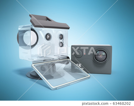 Camera Action Cam 3d render on a blue background Camera Action Cam 3d render on a blue background 63468202