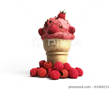 ice cream with raspberries and chocolate crumbs in 63468251