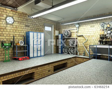 View of a Garage 3D Interior with Opened Roller 63468254