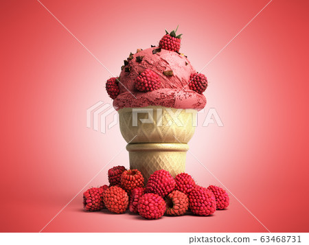 ice cream with raspberries and chocolate crumbs in 63468731