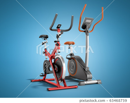 Two modern sport exercise bike yellow purple 3d 63468739