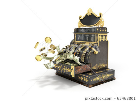 Old vintage cash register with flying money and 63468801