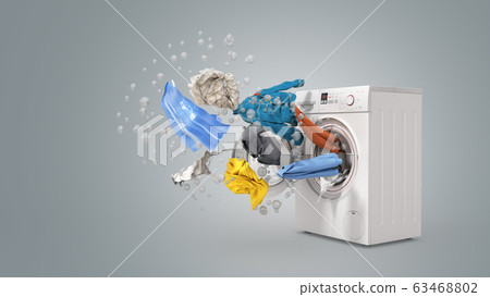 Washing machine and flying clothes on grey Washing machine and flying clothes on grey 63468802