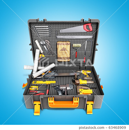 A set of tools in the case 3d render on blue 63468909