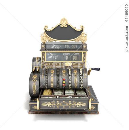 Open Old vintage cash register 3d render on white 63469060