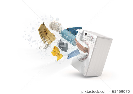Washing machine and flying clothes on white 63469070