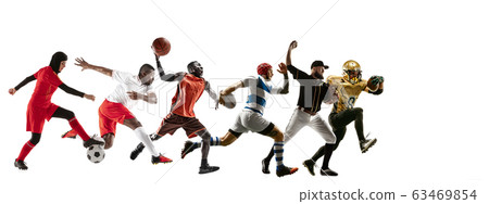 Young and emotional sportsmen running and jumping on white background, flyer with copyspace Young and emotional sportsmen running and jumping on white background, flyer with copyspace 63469854