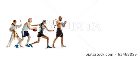 Young and emotional sportsmen running and jumping on white background, flyer with copyspace Young and emotional sportsmen running and jumping on white background, flyer with copyspace 63469859