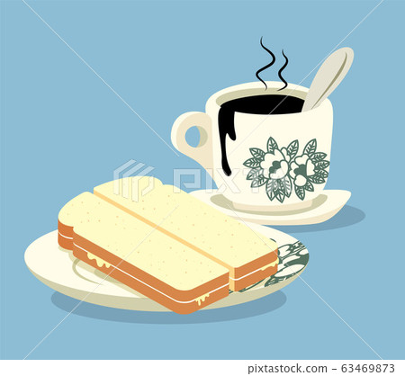Breakfast set. Traditional oriental style coffee and kaya butter toast set .Vintage Nanyang style coffee cup and plate. Translation: Coconut jam- flat art vector Breakfast set. Traditional oriental style coffee and kaya butter toast set .Vintage Nanyang style coffee cup and plate. Translation: Coconut jam- flat art vector 63469873