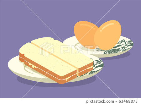 Breakfast set. Traditional half boiled eggs and kaya butter toast set. Vintage Nanyang style coffee cup and plate. Translation: Coconut jam- flat art 63469875