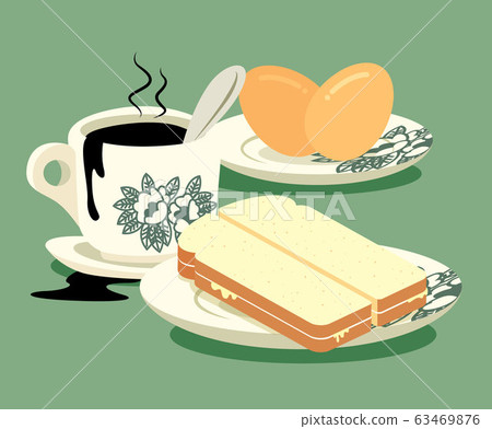 Breakfast set. Traditional oriental style coffee, half boiled eggs and kaya butter toast set .Vintage Nanyang style coffee cup and plate. Translation: Coconut jam- flat art vector 63469876