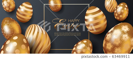 Luxury Happy Easter website header or banner template with realistic 3D golden eggs on black striped background Luxury Happy Easter website header or banner template with realistic 3D golden eggs on black striped background 63469911