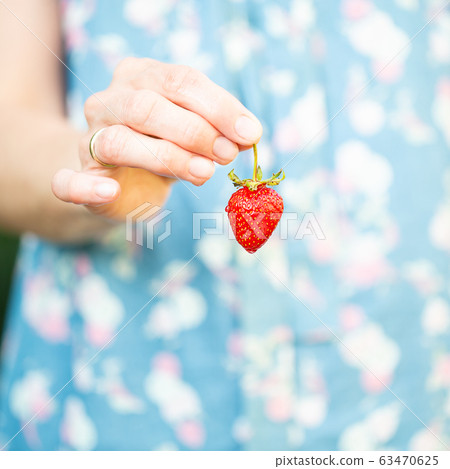 A woman holding a strawberry in her hand A woman holding a strawberry in her hand 63470625