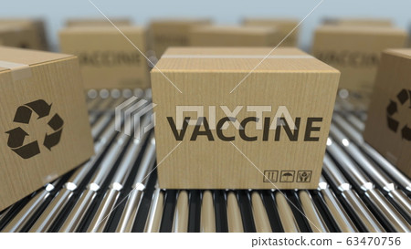 Boxes with a vaccine move on conveyors. 3D rendering 63470756