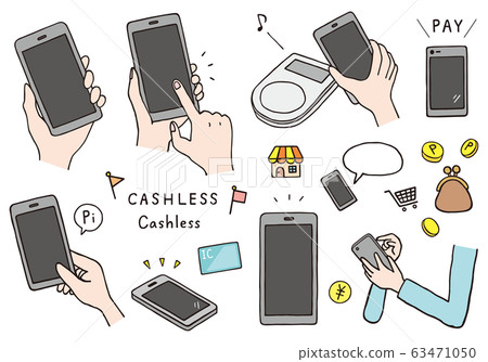 Hand-drawn style illustrations related to smartphone payment (color) 63471050