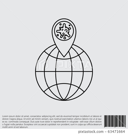 Virus, bacteria, map pointer and globe line, linear icon, symbol, sign. coronavirus, COVID-19 icon, logo black on white background. 2019-ncov 63471664