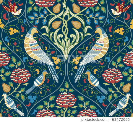 Vintage flowers and birds seamless pattern on... - Stock Illustration ...