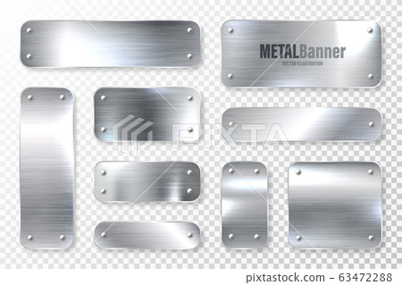 Realistic shiny metal banners set. Brushed steel plate. Polished silver metal surface. Vector 63472288