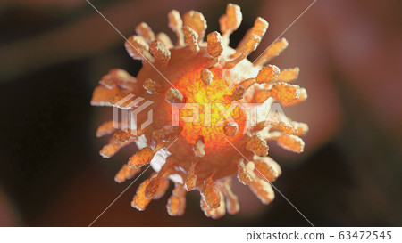 Image of Flu COVID-19 virus cell under the microscope on the blood.Coronavirus Covid-19 outbreak influenza background.Pandemic medical health risk concept with disease cell as a 3D illustration 63472545