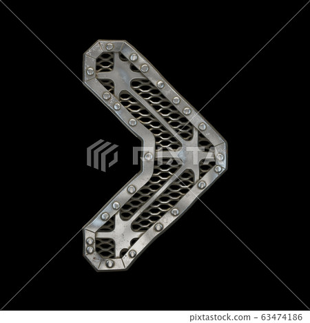Mechanical alphabet made from rivet metal with gears on black background. Symbol right angle bracket. 3D Mechanical alphabet made from rivet metal with gears on black background. Symbol right angle bracket. 3D 63474186