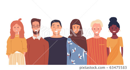 Colorful vector illustration. Young people. Multiethnic group of happy smiling people. Multicultural community. African, asian, european students. Communication and relations. Cultural diversity 63475583