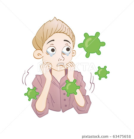 Scared boy with viruses flying around him. Coronavirus prevention, world quarantine. Cartoon design icon. Colorful flat vector illustration, isolated. Scared boy with viruses flying around him. Coronavirus prevention, world quarantine. Cartoon design icon. Colorful flat vector illustration, isolated. 63475658