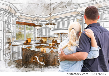 Young Adult Couple Facing Custom Kitchen Drawing 63476467